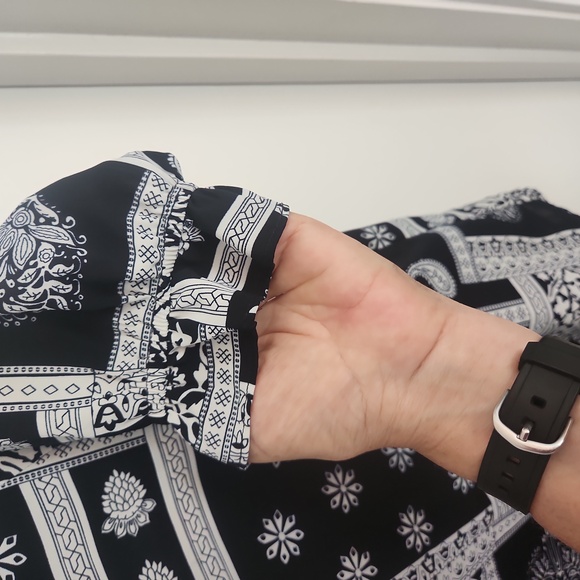 Navy & greyish/beige Short sleeve blouse FUN2FUN sz M - Picture 5 of 6